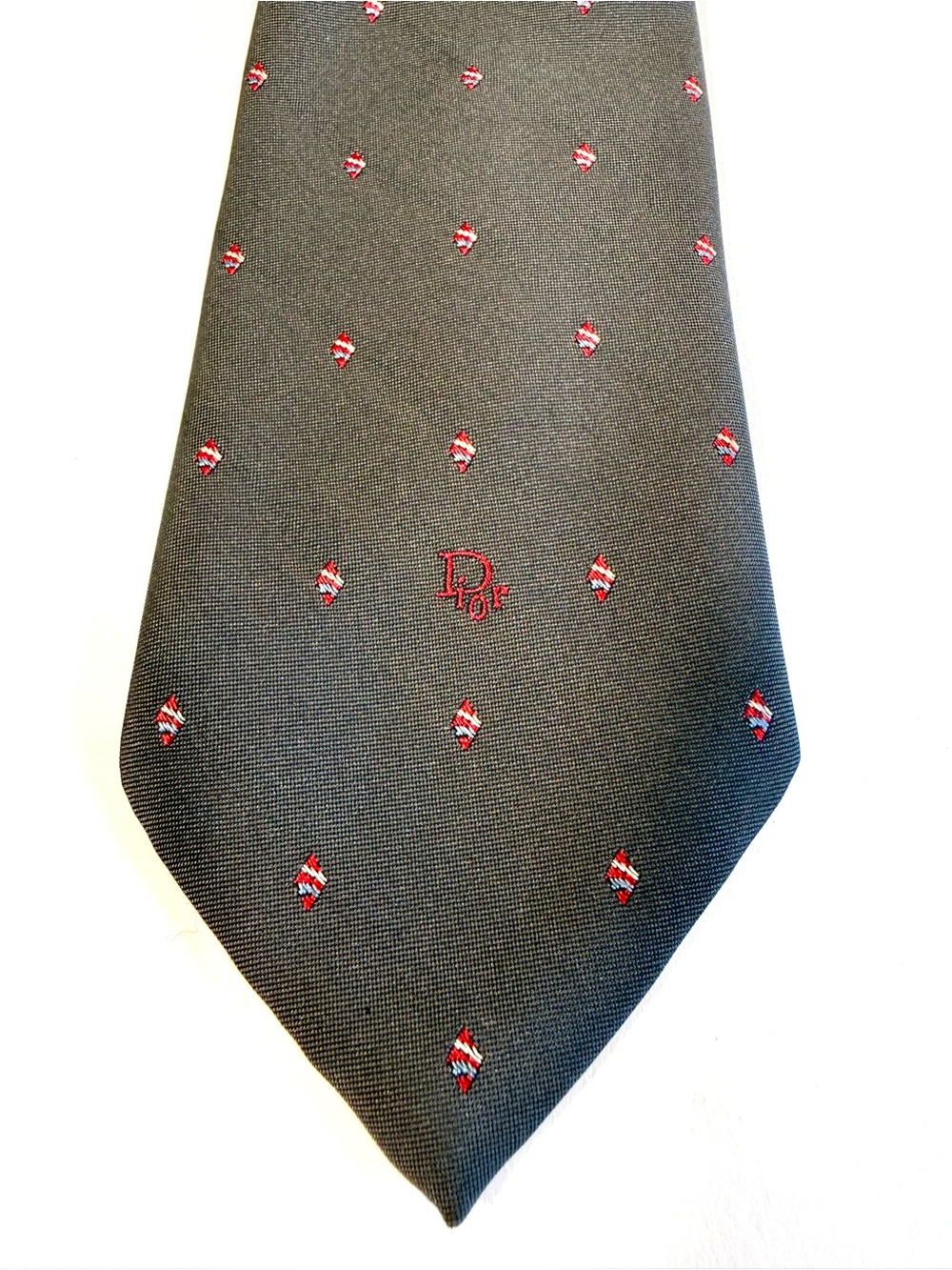 VTG Christian Dior Monsieur Gray Diamond Embroidered Silk Blend Tie 90s Dapper